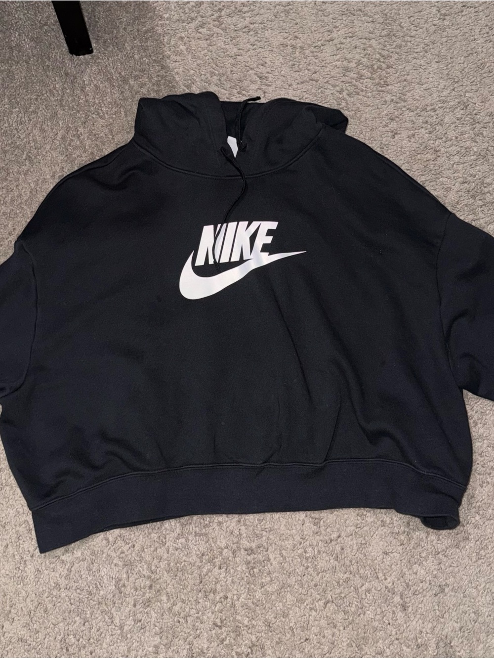 Nike Cropped Black Hoodie with White Swoosh Logo
